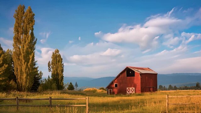 Early Morning Hour Glow on a Rustic Country Barn with Majestic Trees, McCall Idaho, Timelapse