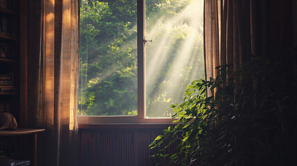 Morning Tranquility with Soft Sunlight Streaming Through the Window. Generative AI.