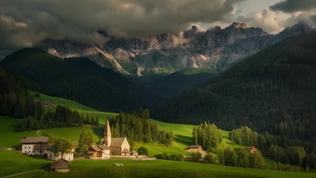 Idyllic Alpine Village Nestled in Lush Green Hills Beneath a Moody Sky in the Italian Dolomite Mountains, Timelapse