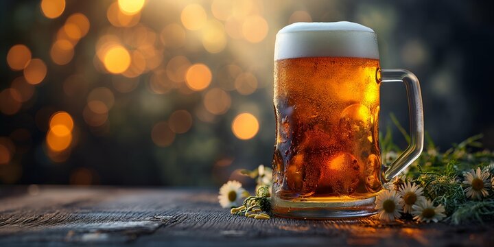Mug of beer with daisies on bokeh background