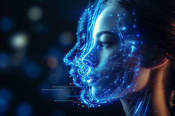 Portrait of a futuristic android woman with advanced technology data overlay - obrazy, fototapety, plakaty