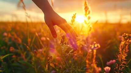 Traveling woman's hand caressing meadow under the twilight glow of summer's dense, tall grass, Generative AI. - obrazy, fototapety, plakaty