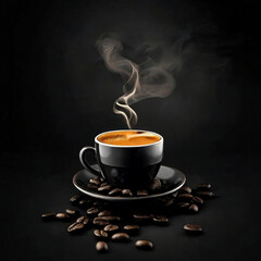 Coffee beans and a steaming coffee cup on a black background