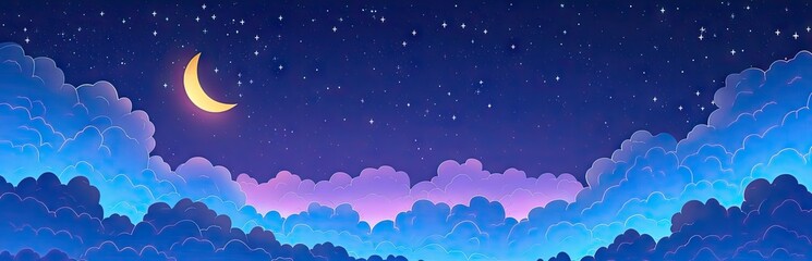 Obraz na płótnie Canvas Starry night sky canvas of blue dreams and moonlit wonder Illustrated clouds abstract art in nature grand design cut from fantasy Backdrop of evening stars bright and cute template for sleep