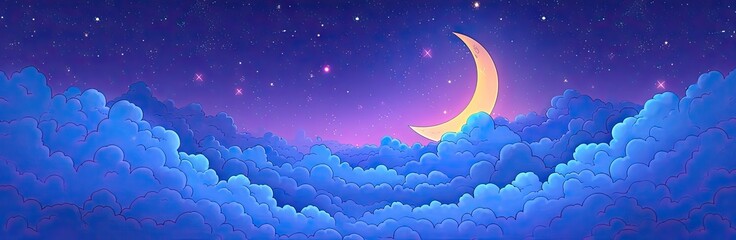 Naklejka na ściany i meble Starry night sky canvas of blue dreams and moonlit wonder Illustrated clouds abstract art in nature grand design cut from fantasy Backdrop of evening stars bright and cute template for sleep