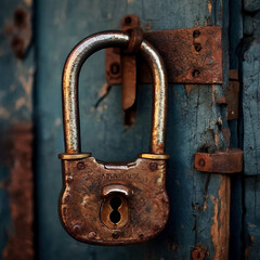 Old rusty padlock on a blue wooden door. Selective focus.