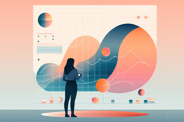 Flat illustration of a teacher standing in front of a dahboard, data chart