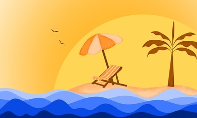 Fototapeta na wymiar beach umbrella, beach chair, pile of sand, on island summer and holiday banner design background