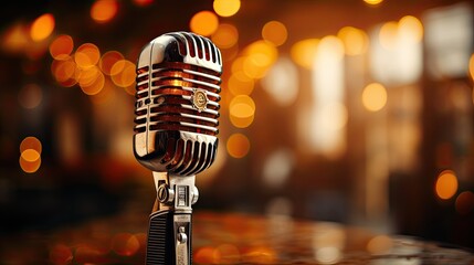 Retro Microphone On Stage With Bokeh Light close-up and place for text, Defocused Abstract Background, Generative AI
