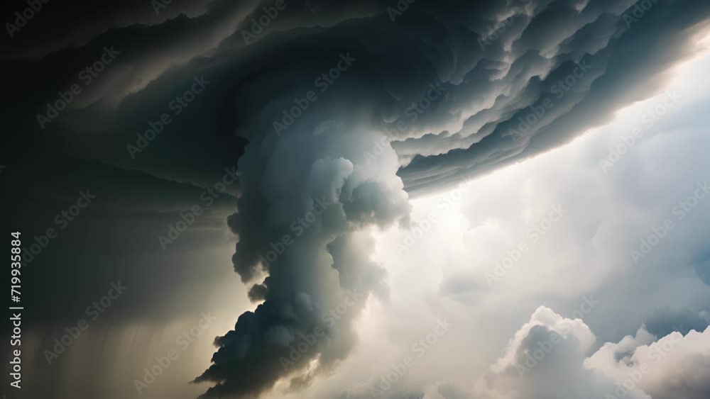 Poster a closeup of a funnel cloud, cloudy edges curling into a conical shape