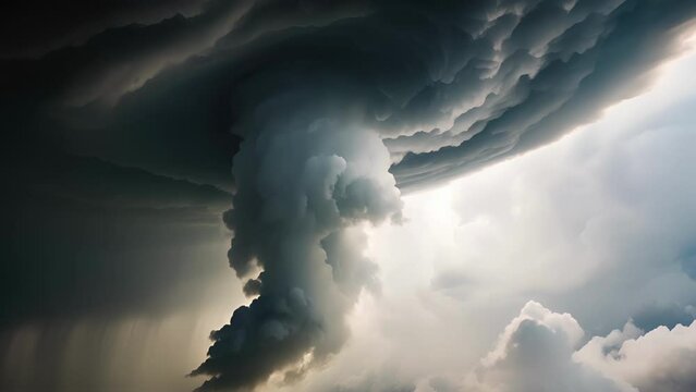 A closeup of a funnel cloud, cloudy edges curling into a conical shape