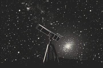 A simple yet elegant black and white illustration of a telescope pointed at a starry sky