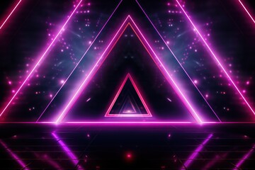 3d render of abstract pink neon triangle light with glowing lines on dark background.