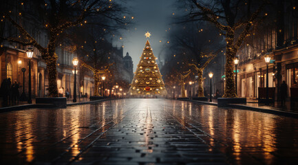 Fototapeta premium Christmas Tree and Lights at Night Street extreme closeup. Generative AI