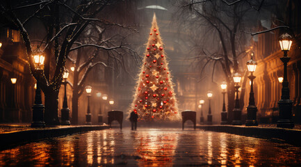 Christmas Tree and Lights at Night Street extreme closeup. Generative AI