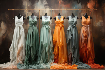 Row of Beautiful Luxury Colorful Dresses on Hangers in a Showroom extreme closeup. Generative AI.