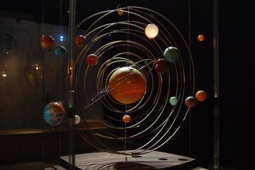 An interactive kinetic sculpture illustrating the movement of planets in a solar system model