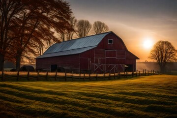 A barn on a farm at sunrise