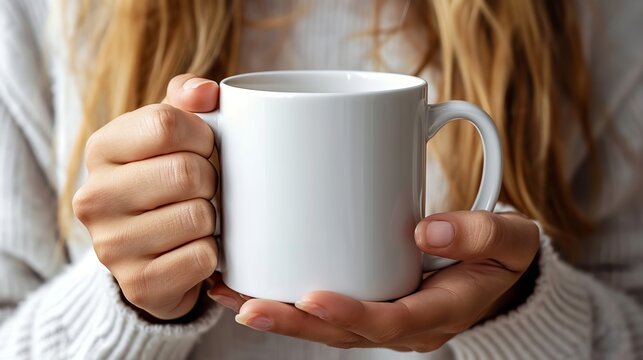 woman in white cozy sweater holding a white coffee mug for coffee mug mockup design with a blank space, Generative AI.