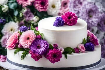 Fototapeta na wymiar Closeup of white wedding cake with flowers on top. cake on the cake-shelf. white milk cream. cake decorated with pink and purple flowers