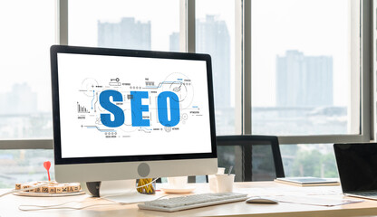 SEO search engine optimization for modish e-commerce and online retail business showing on computer...