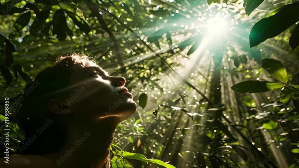 Poster sunlight dances through the canopy, creating a mesmerizing pattern on the meditators face.