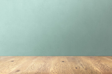 木目のあるナチュラルな木のテーブルと凹凸のある緑の壁の背景