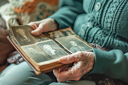 Old persons flipping through old photo albums. Joy and nostalgia, share their memories, pointing out family members and significant events