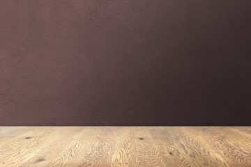 木目のあるナチュラルな木のテーブルと凹凸のある赤茶色の壁の背景