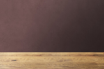 木目のあるナチュラルな木のテーブルと凹凸のある赤茶色の壁の背景