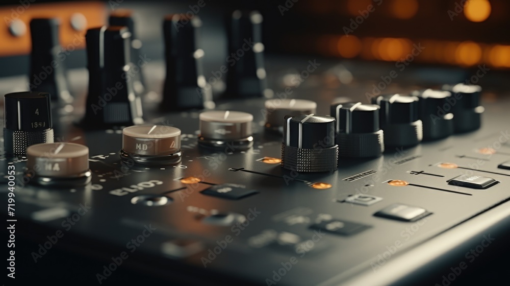 Poster a detailed view of a control board featuring various knobs. ideal for illustrating technology, engin