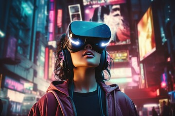 A woman is pictured wearing a virtual reality headset while in a bustling city. This image can be used to depict technology, virtual reality experiences, or modern city life