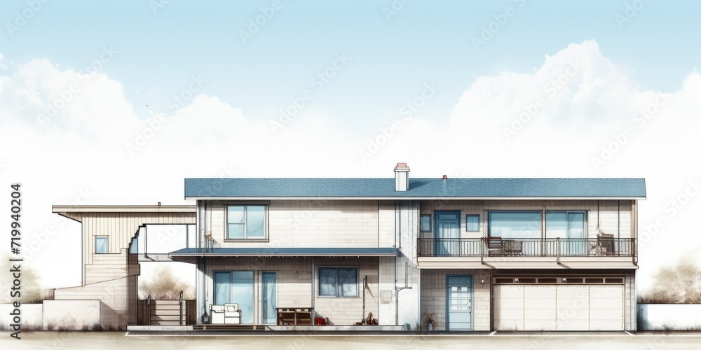 Aufkleber a drawing of a two story house with a balcony. this image can be used for architectural designs or r