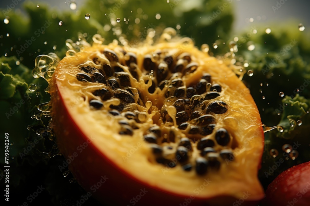 Poster a detailed view of a variety of fresh fruit and vegetables. this image can be used to showcase healt