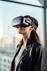 A woman wearing a leather jacket is immersed in a virtual reality experience using a headset. This image can be used to depict modern technology and the concept of virtual reality