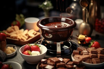 Obraz na płótnie Canvas A delicious chocolate fountain surrounded by a variety of desserts, including fresh strawberries. Perfect for any dessert table or event