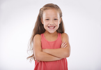 Child, smile and portrait or confidence with arms crossed in studio for good mood, happy or relax....
