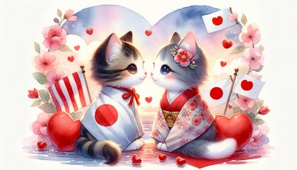 A lovely watercolor concept illustration for Valentine's Day, featuring a cute couple of kittens with a Japanese theme 01