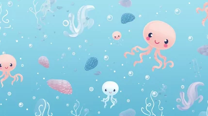Door stickers Sea life A captivating image of a group of octopuses and jellyfishs floating in the ocean. Perfect for marine life enthusiasts and educational materials