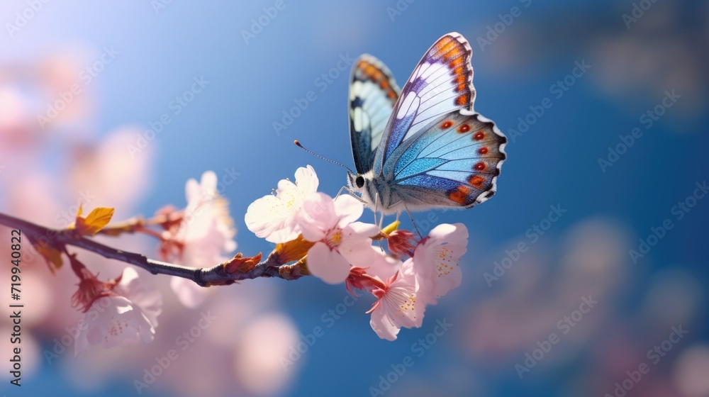 Poster a butterfly sitting on a branch of a tree. can be used for nature-themed designs and illustrations