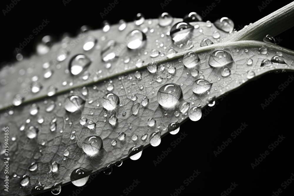 Poster a detailed view of a leaf with water droplets. perfect for nature enthusiasts and environmental them