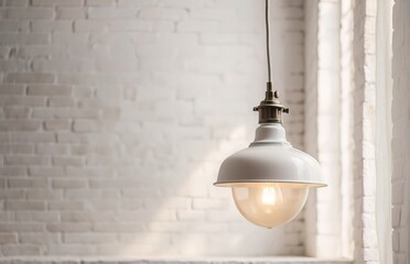 Obraz premium Hanging white lamp with shadow on vintage white painted brick wall