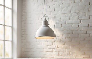 Hanging white lamp with shadow on vintage white painted brick wall