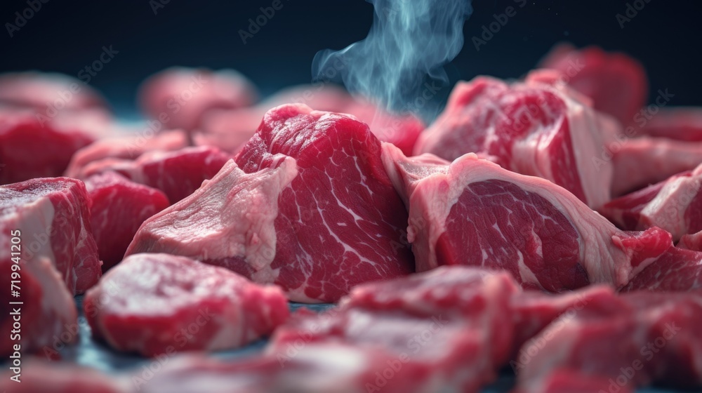 Poster a pile of raw meat sitting on top of a table. suitable for food-related projects and culinary themes