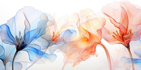 A group of blue and orange flowers on a white background. Perfect for floral arrangements and spring-themed designs
