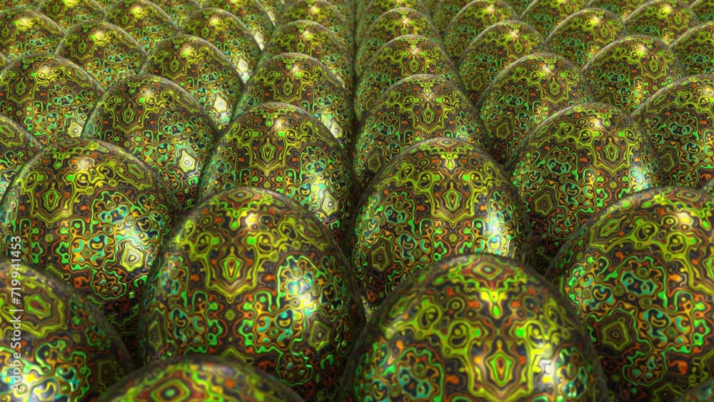 Poster realistic dolly dof camera looping 3d animation of the fancy textured easter eggs with beautiful eth
