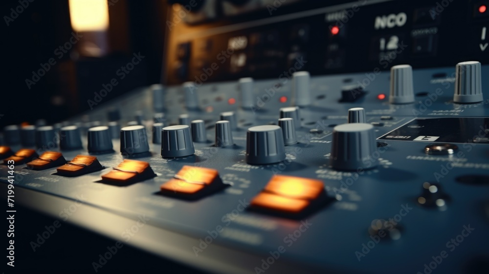 Poster a detailed view of the knobs on a sound board. perfect for illustrating music production or audio en