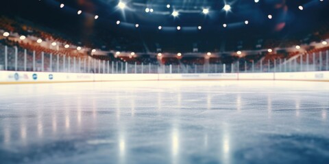 Ice hockey rink with lights in the background. Perfect for sports events and action shots. - obrazy, fototapety, plakaty