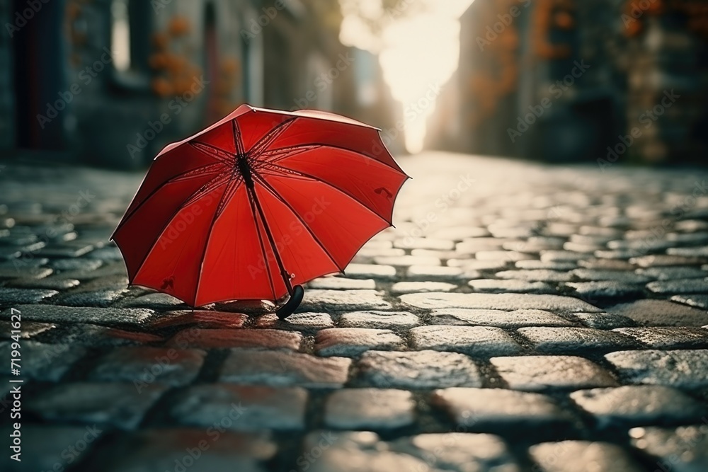Poster a red umbrella sitting on a cobblestone street. suitable for various uses