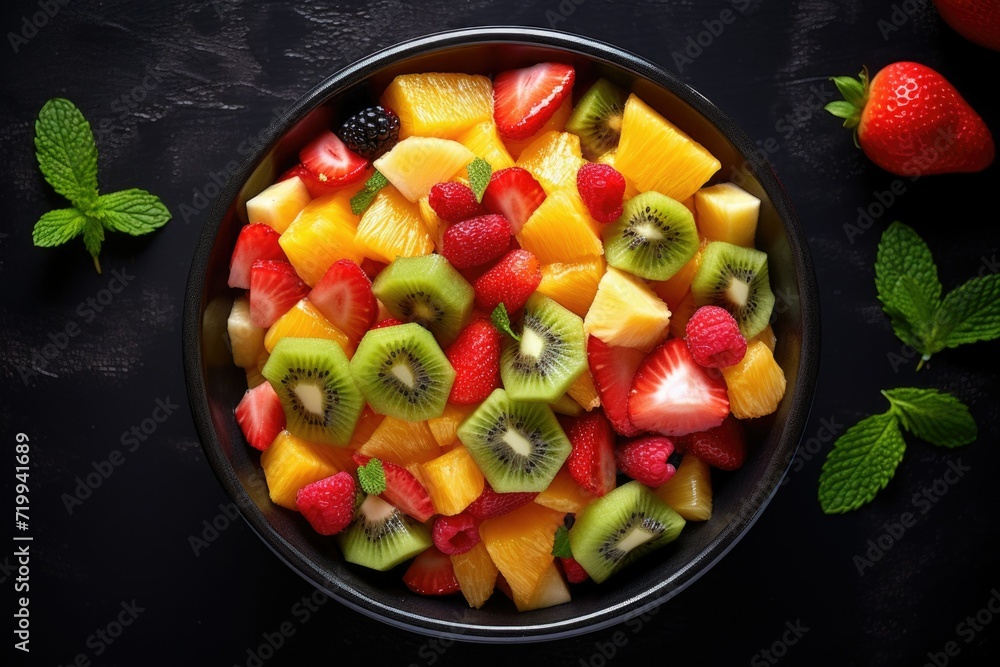 Poster a bowl filled with a variety of fresh and colorful fruits sitting on a table. perfect for adding a t